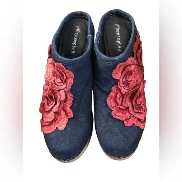 Jeffrey Campbell Red and Blue Mules with Floral Design - Picture 2 of 11